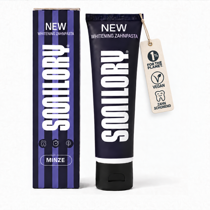 Lila Smilory® Whitening Zahnpasta in einer Tube, zeigt frische Zahnpasta für strahlendes Lächeln und Zahnaufhellung.