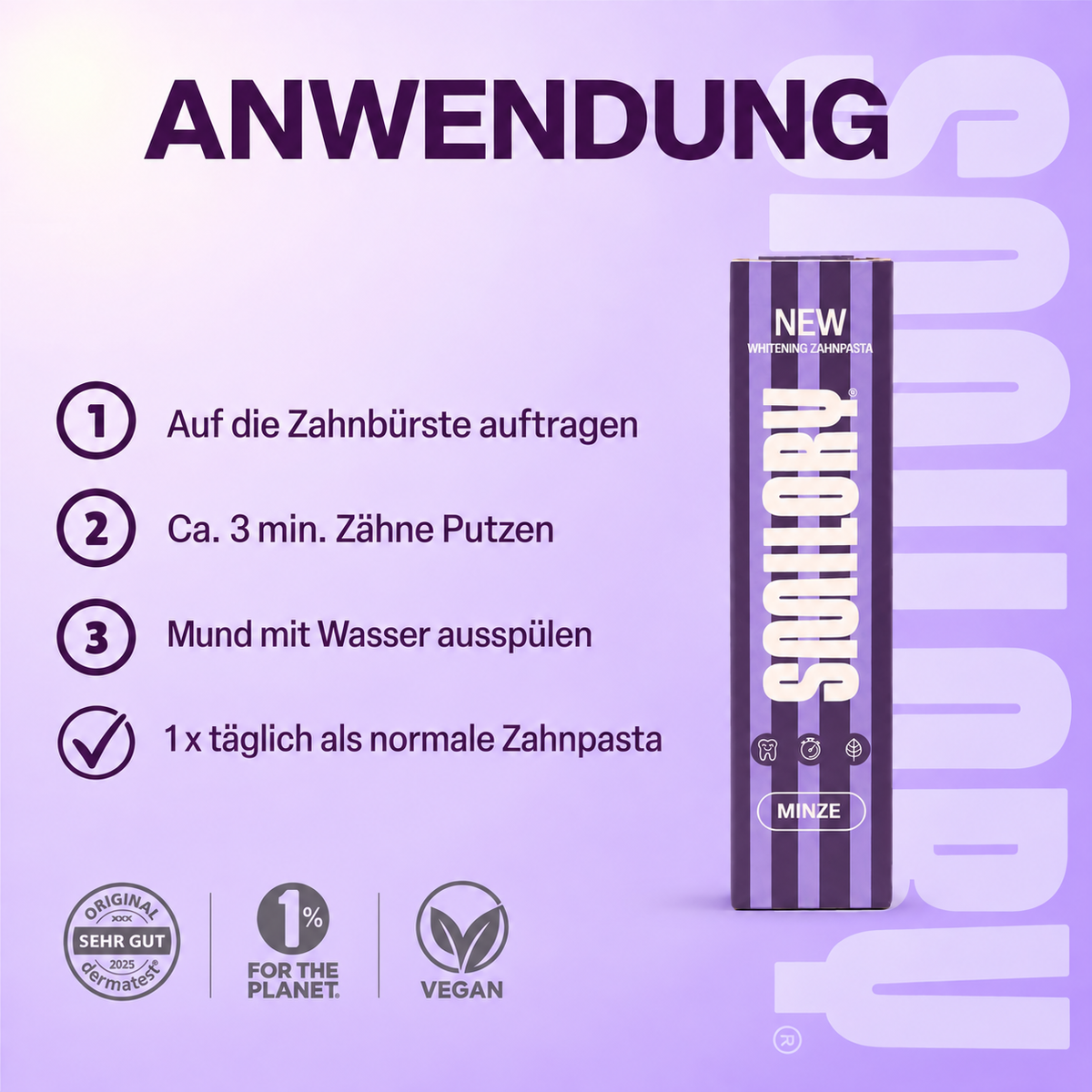 Lila Smilory® Whitening Zahnpasta in einer Tube mit sichtbarer Verpackung und weißem Zahn auf weißem Hintergrund