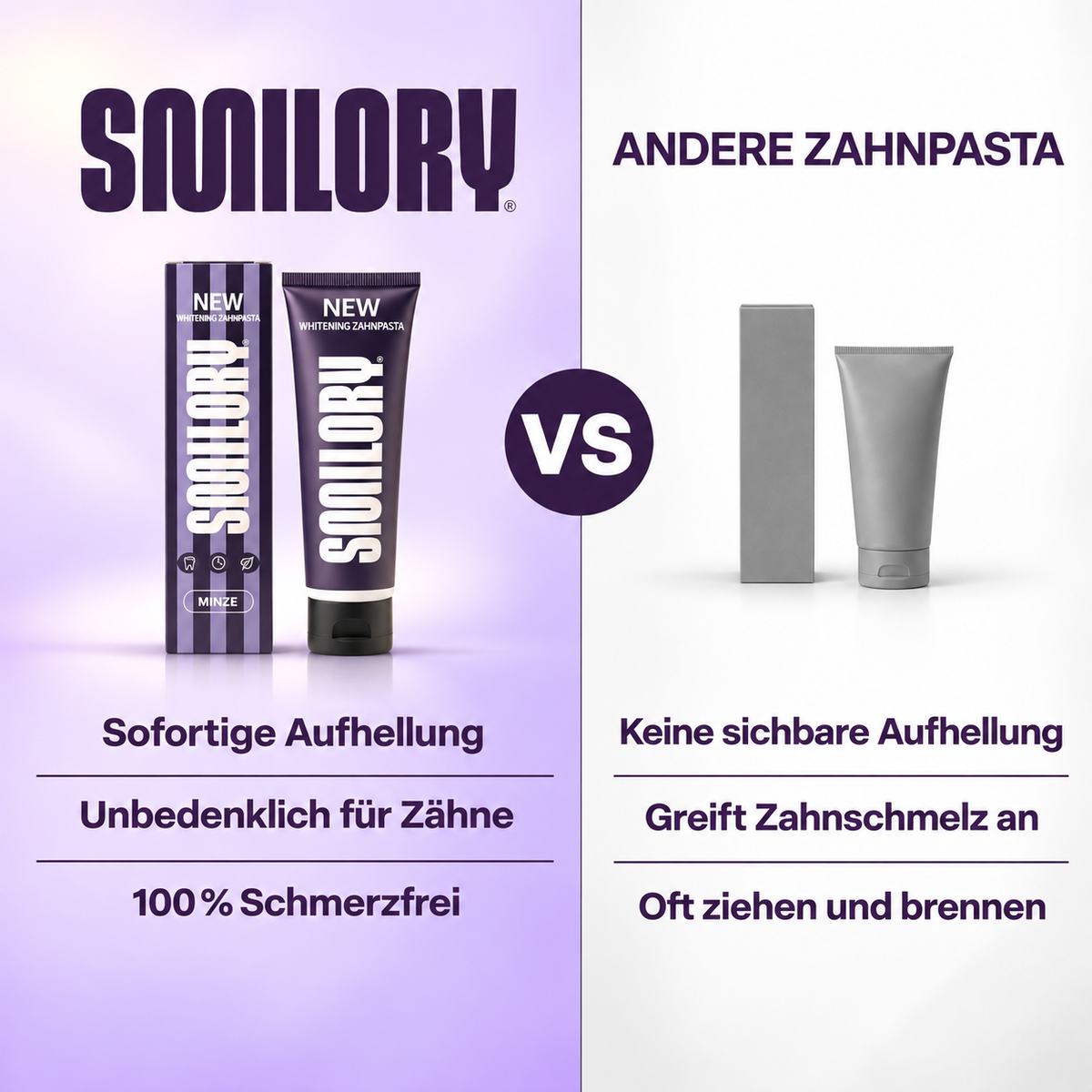 Smilory® Lila Whitening Zahnpasta in einer Tube, zeigt die Verpackung mit weißem und lilafarbenem Design.