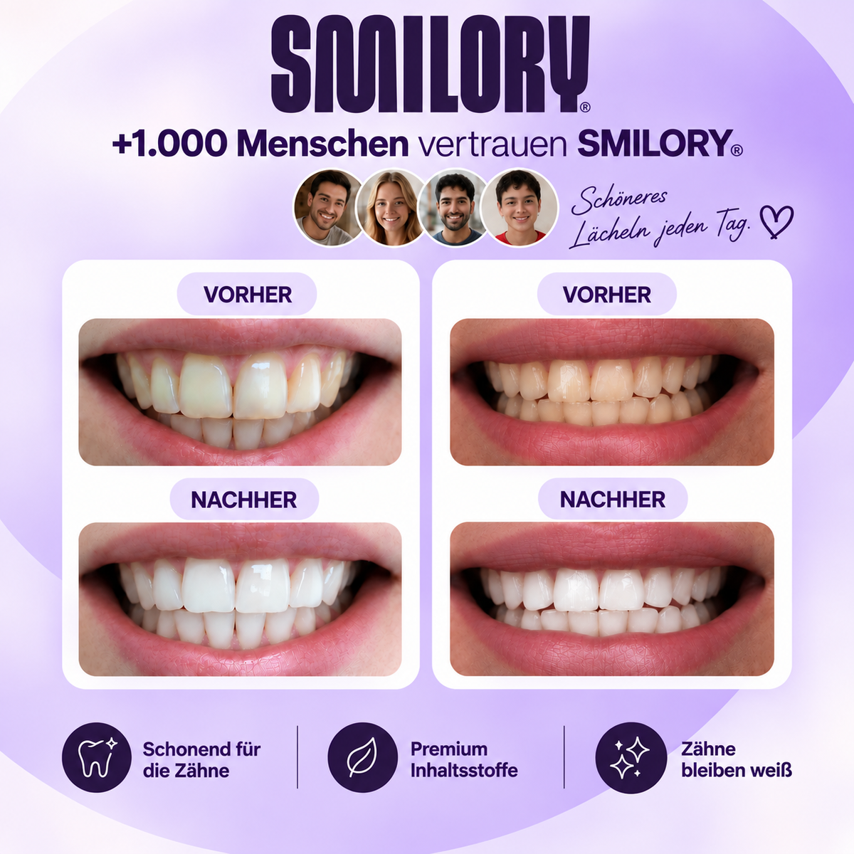 Lila Smilory® Whitening Zahnpasta in einer Tube mit weißem Deckel und lila Verpackung auf weißem Hintergrund