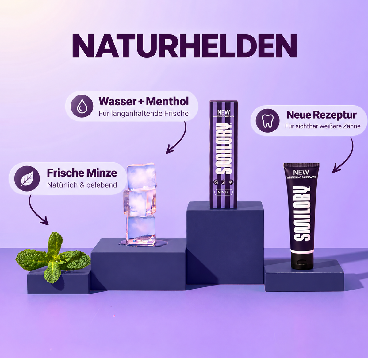 Lila Smilory® Whitening Zahnpasta in Verpackung, ideal für hellere Zähne und frischen Atem, auf weißem Hintergrund.