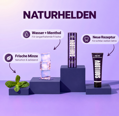 Lila Smilory® Whitening Zahnpasta in Verpackung, ideal für hellere Zähne und frischen Atem, auf weißem Hintergrund.